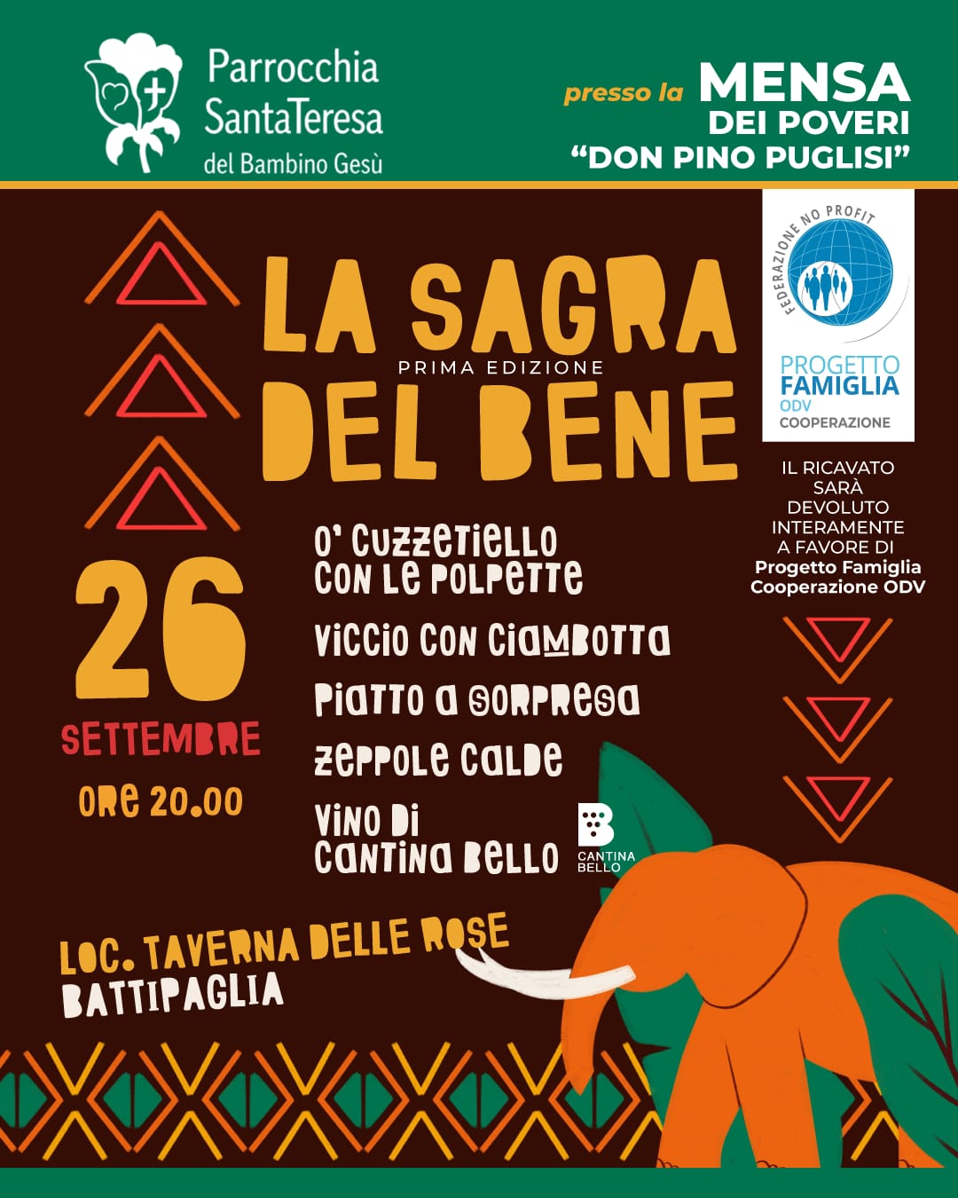 Locandina de La Sagra del Bene — Prima Edizione, 26 settembre ore 20.00 presso la Mensa dei Poveri Don Pino Puglisi, Taverna delle Rose, Battipaglia