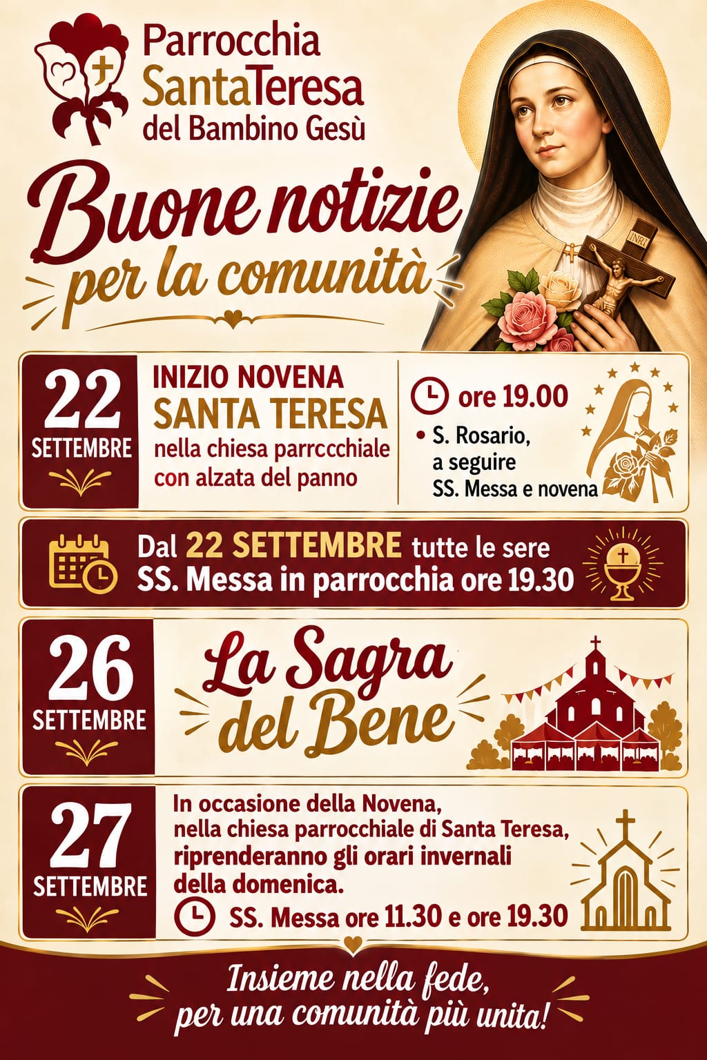 Locandina della Novena di Santa Teresa: inizio 22 settembre ore 19.00, Santo Rosario, Santa Messa e Novena nella chiesa parrocchiale